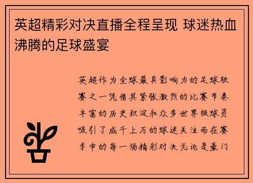 英超精彩对决直播全程呈现 球迷热血沸腾的足球盛宴